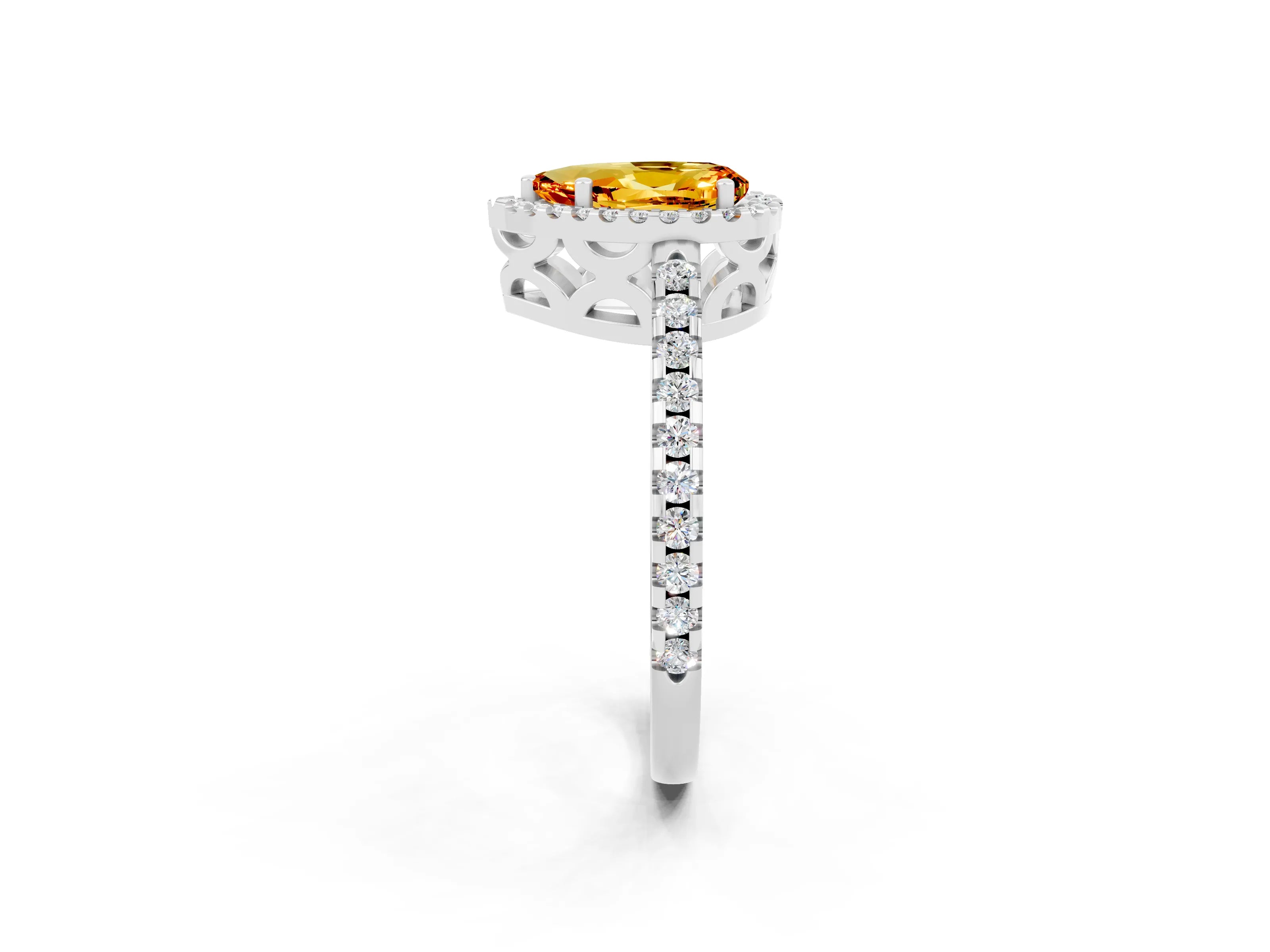 White gold Pear Cut Citrine Halo Engagement Ring with Pavé Band and Prong Setting_14