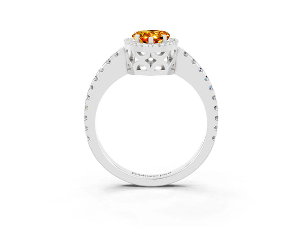 Platinum Pear Cut Citrine Halo Engagement Ring with Pavé Band and Prong Setting
