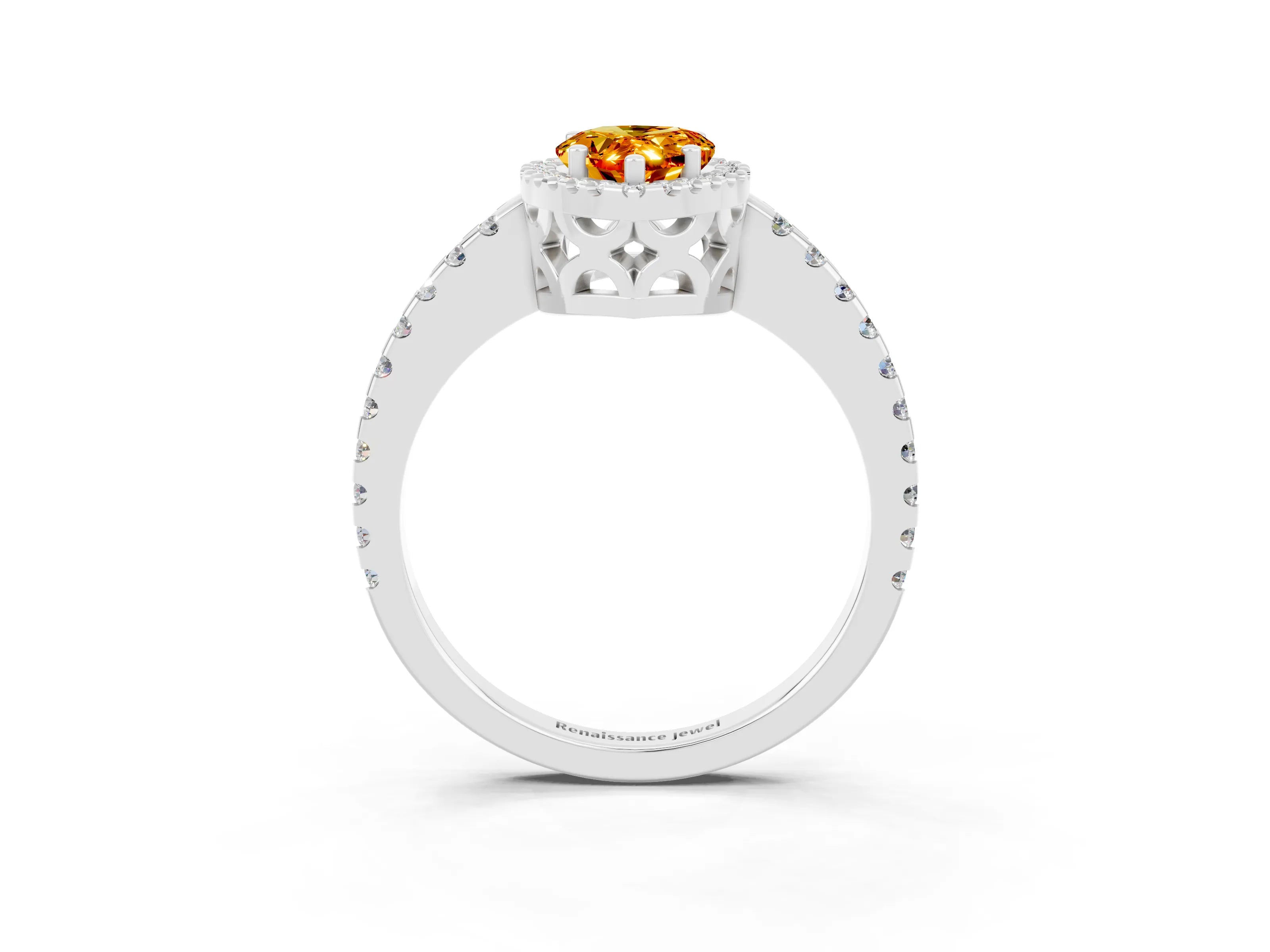 White gold Pear Cut Citrine Halo Engagement Ring with Pavé Band and Prong Setting_15