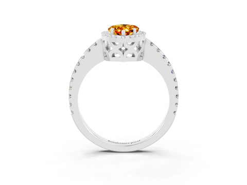 White gold Pear Cut Citrine Halo Engagement Ring with Pavé Band and Prong Setting_15