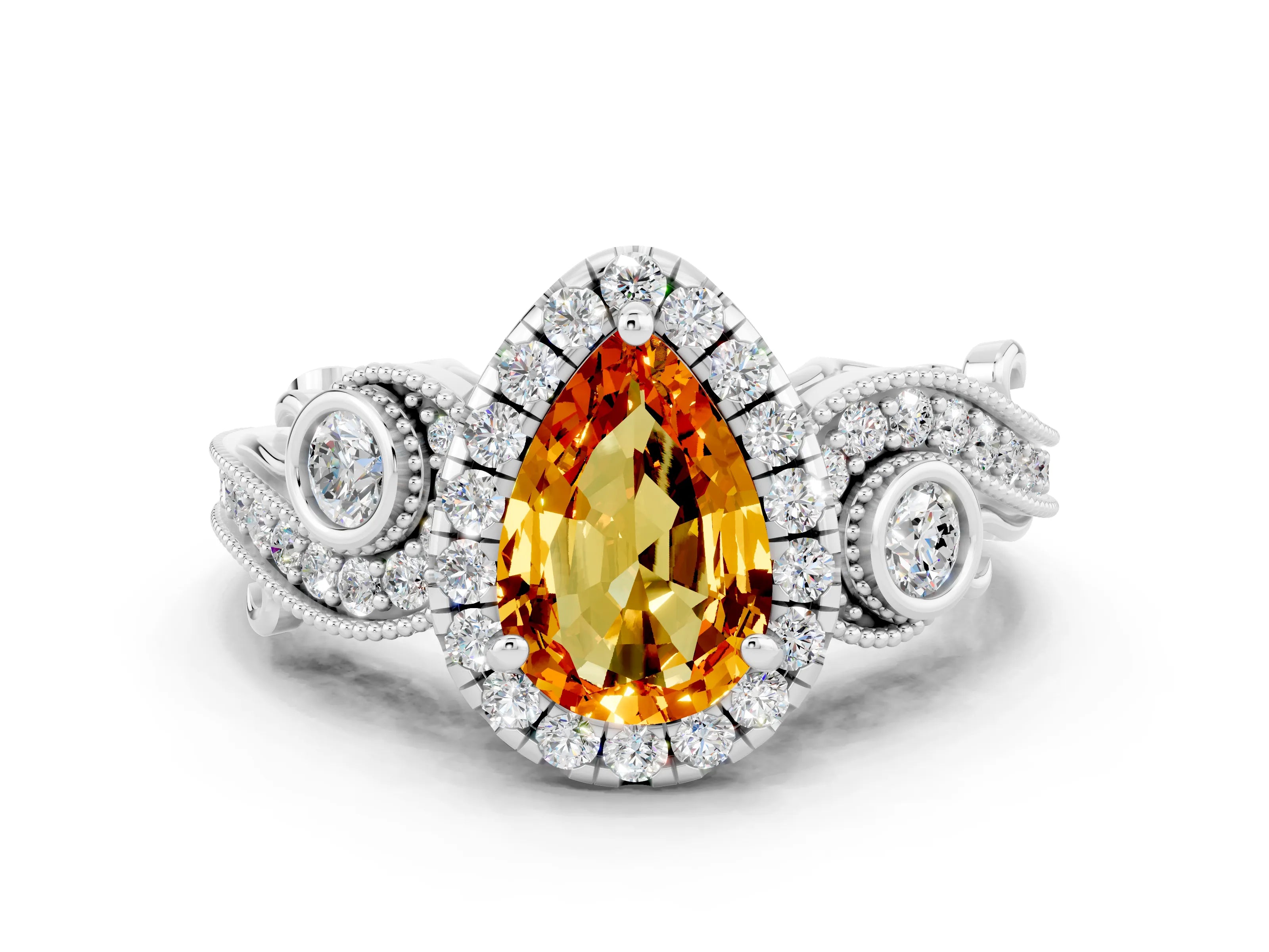 White gold Pear Cut Citrine Halo Ring with Milgrain Pavé Band and Four-Prong Setting_12