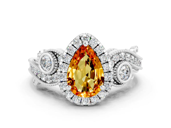 Silver Pear Cut Citrine Halo Ring with Milgrain Pavé Band and Four-Prong Setting