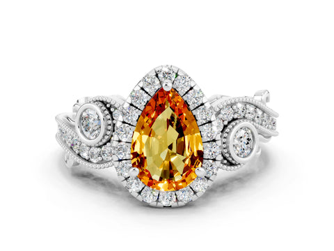 White gold Pear Cut Citrine Halo Ring with Milgrain Pavé Band and Four-Prong Setting_12