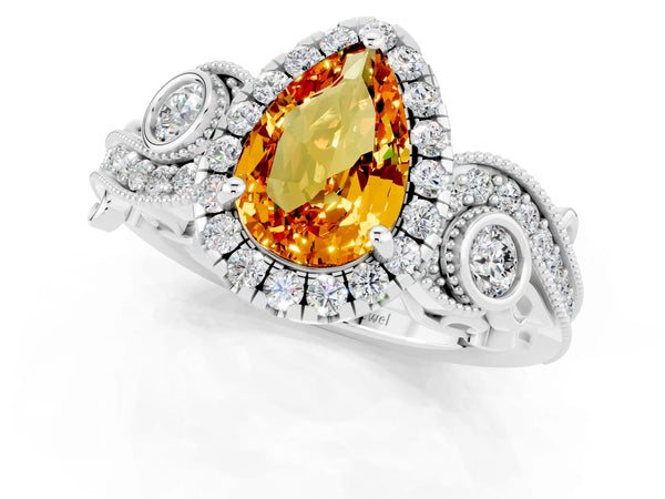 Silver Pear Cut Citrine Halo Ring with Milgrain Pavé Band and Four-Prong Setting