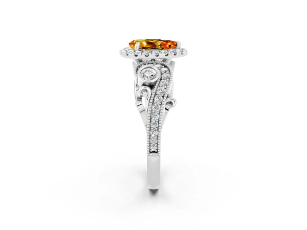 Platinum Pear Cut Citrine Halo Ring with Milgrain Pavé Band and Four-Prong Setting