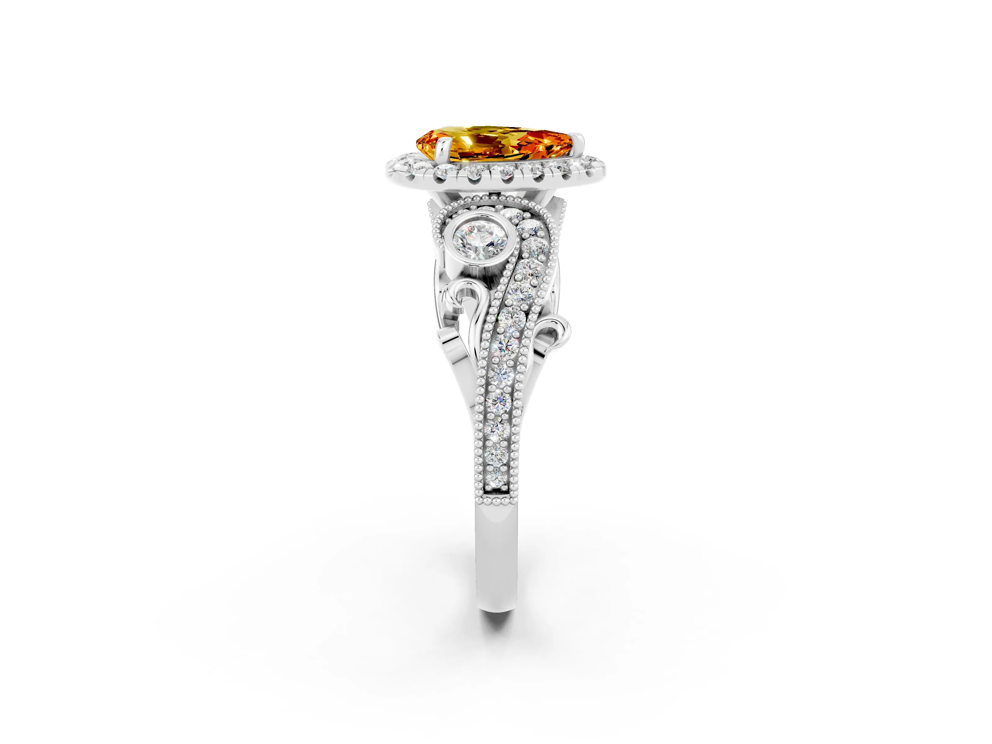 White gold Pear Cut Citrine Halo Ring with Milgrain Pavé Band and Four-Prong Setting_14