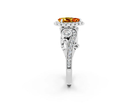 White gold Pear Cut Citrine Halo Ring with Milgrain Pavé Band and Four-Prong Setting_14