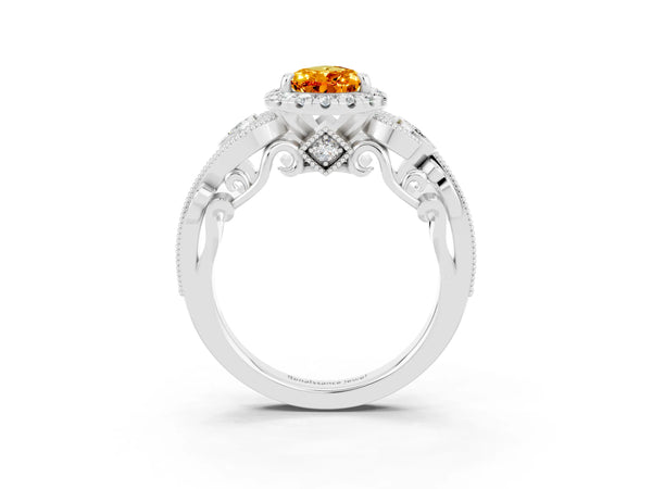 Platinum Pear Cut Citrine Halo Ring with Milgrain Pavé Band and Four-Prong Setting