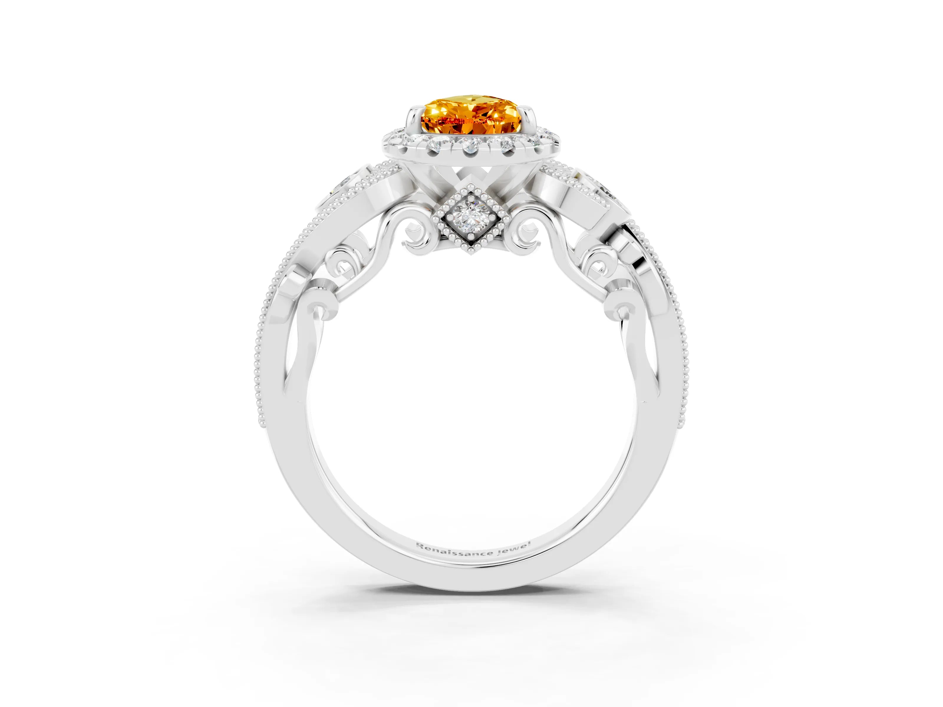 White gold Pear Cut Citrine Halo Ring with Milgrain Pavé Band and Four-Prong Setting_15