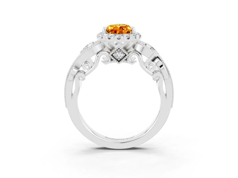 White gold Pear Cut Citrine Halo Ring with Milgrain Pavé Band and Four-Prong Setting_15