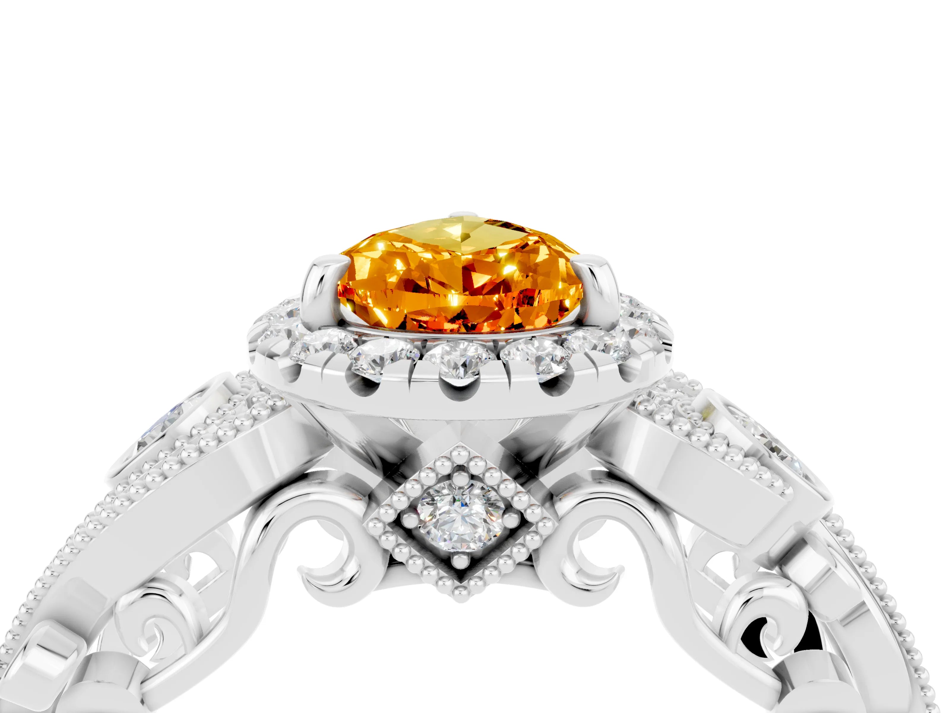 White gold Pear Cut Citrine Halo Ring with Milgrain Pavé Band and Four-Prong Setting_16