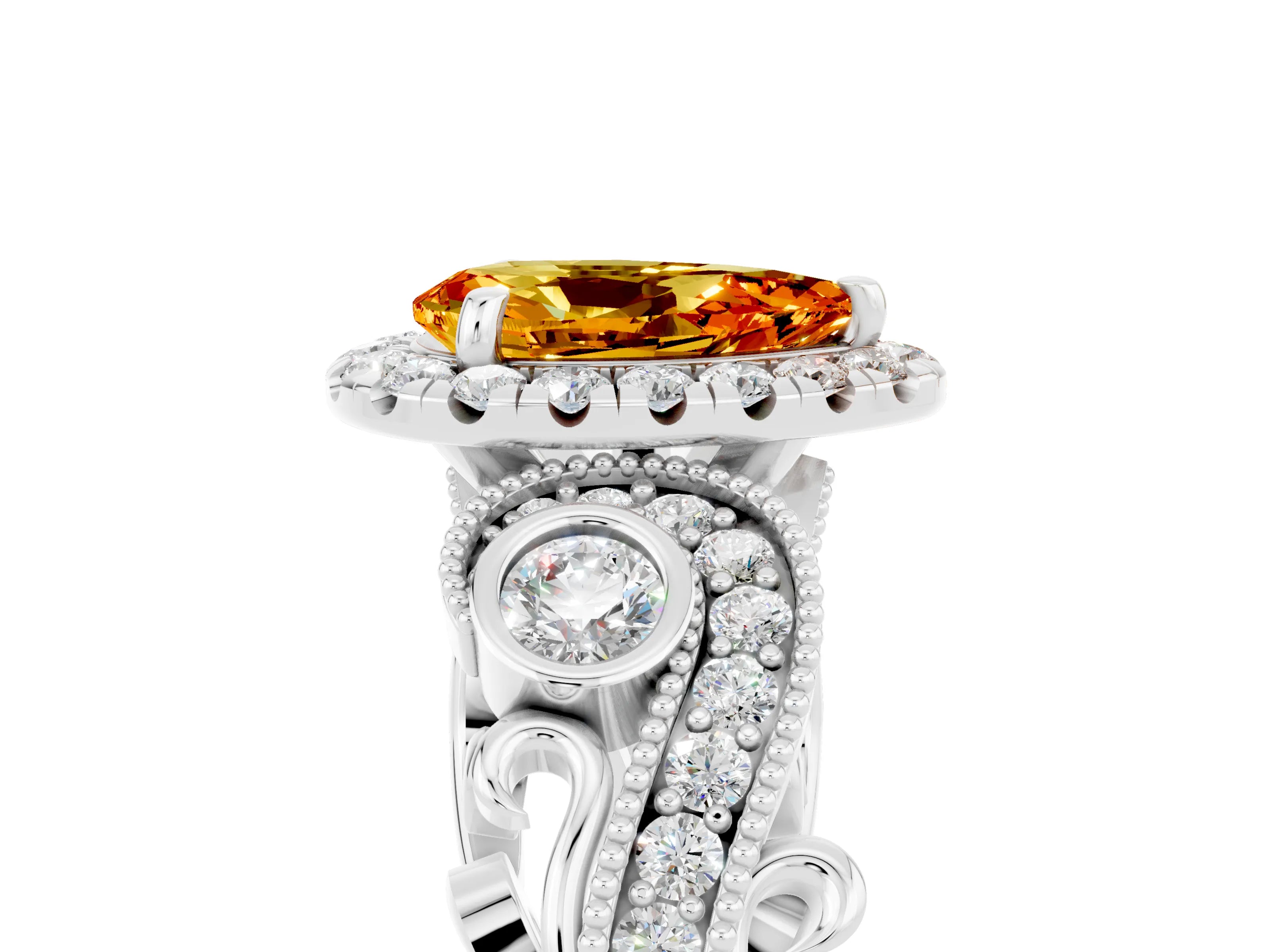 White gold Pear Cut Citrine Halo Ring with Milgrain Pavé Band and Four-Prong Setting_17