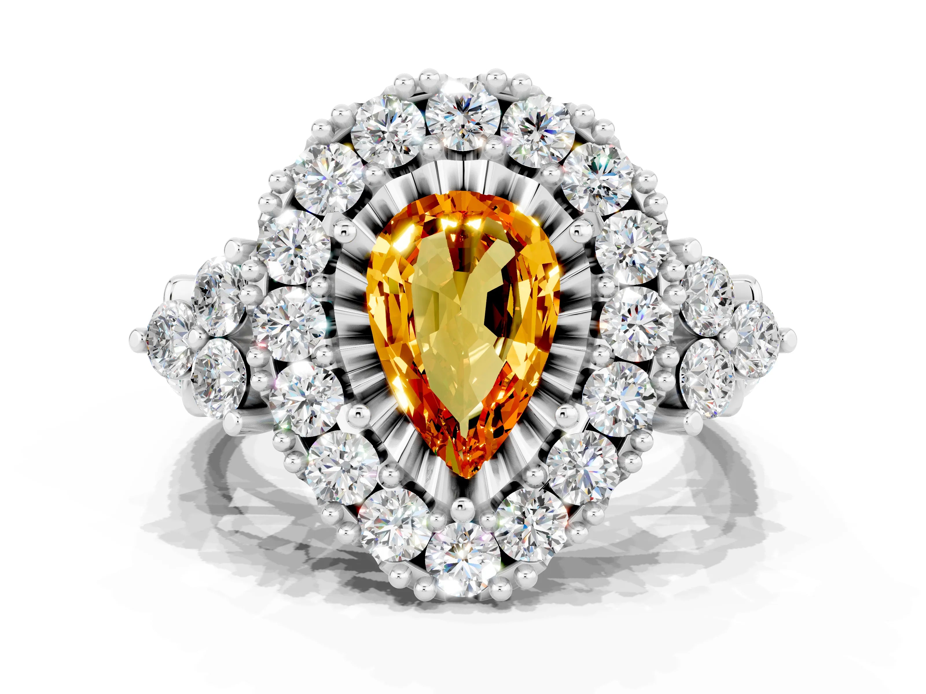 White gold Pear Cut Citrine Halo Ring with Pavé Band and Four-Prong Setting_12