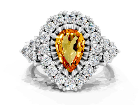White gold Pear Cut Citrine Halo Ring with Pavé Band and Four-Prong Setting_12