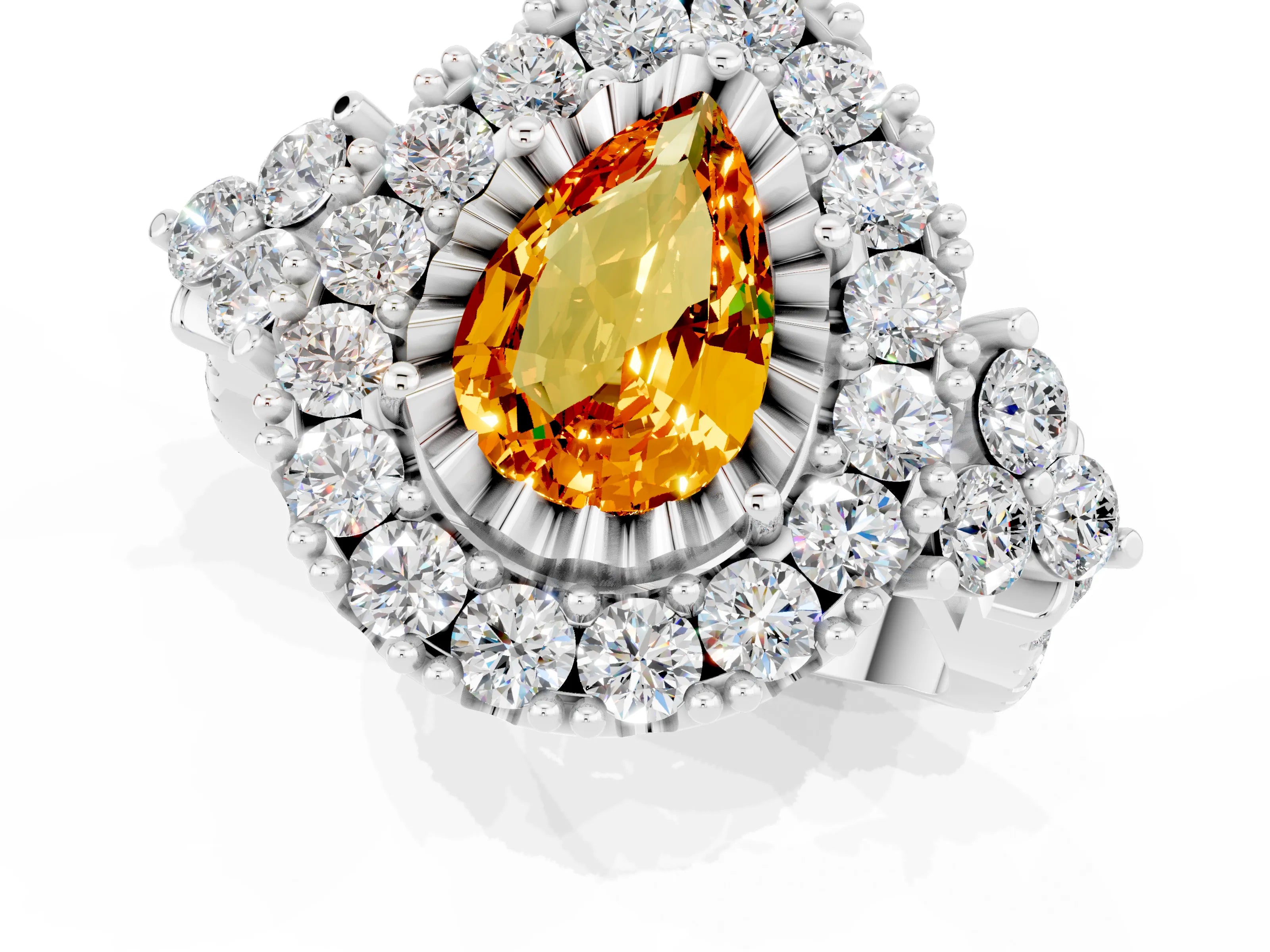 White gold Pear Cut Citrine Halo Ring with Pavé Band and Four-Prong Setting_13