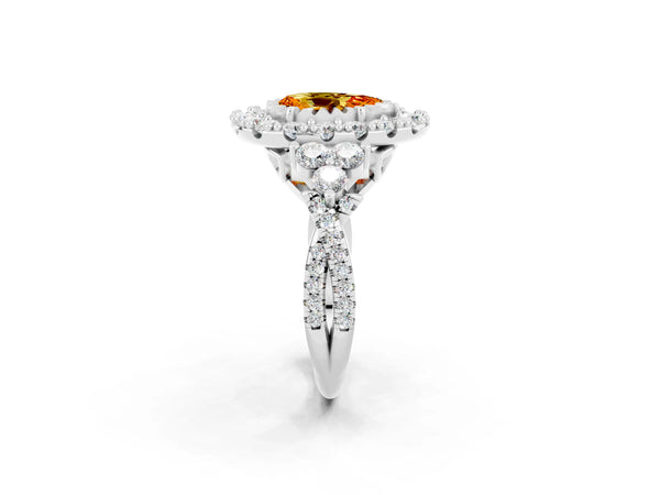 Platinum Pear Cut Citrine Halo Ring with Pavé Band and Four-Prong Setting