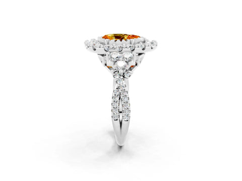 White gold Pear Cut Citrine Halo Ring with Pavé Band and Four-Prong Setting_14
