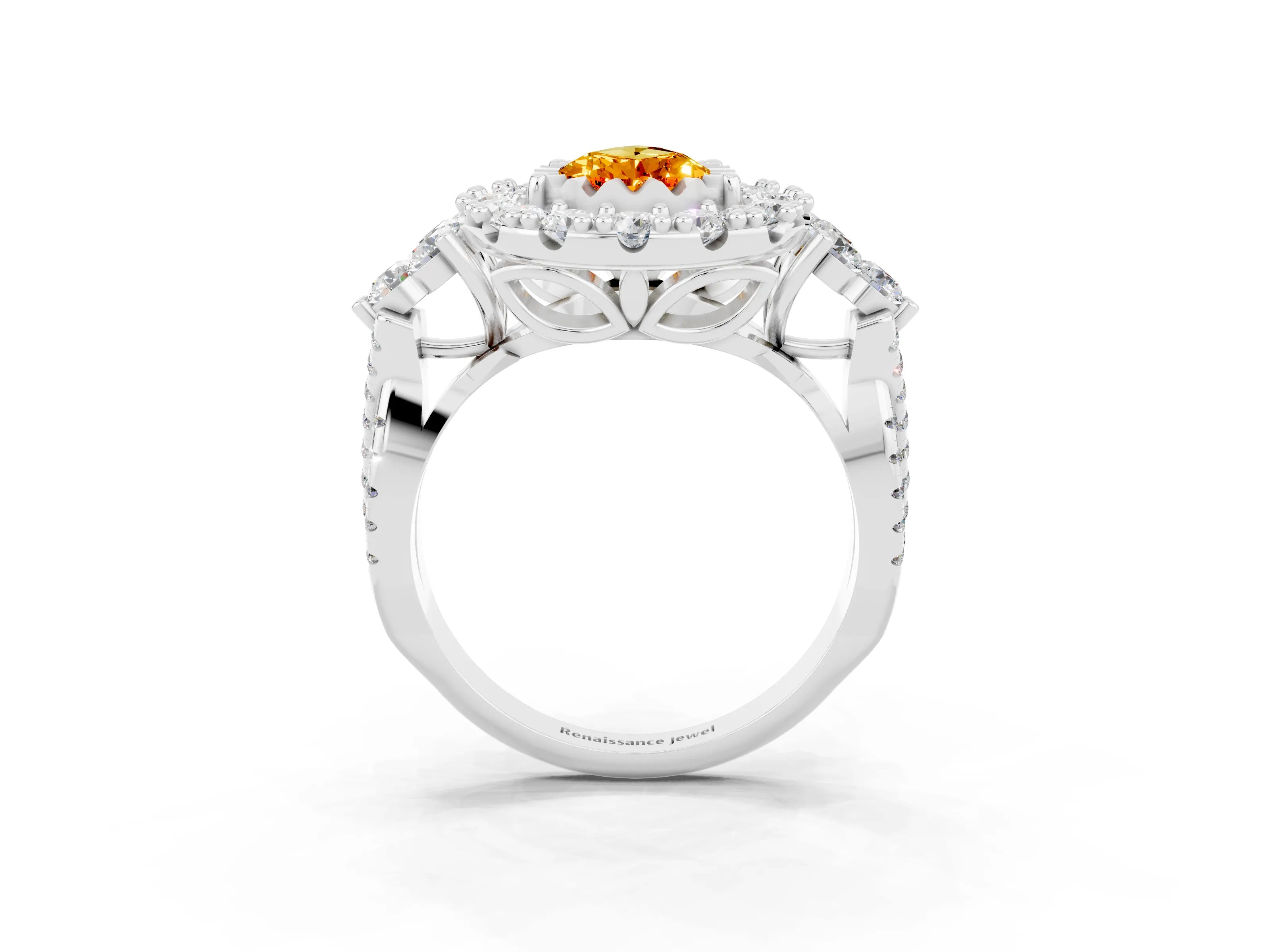 White gold Pear Cut Citrine Halo Ring with Pavé Band and Four-Prong Setting_15