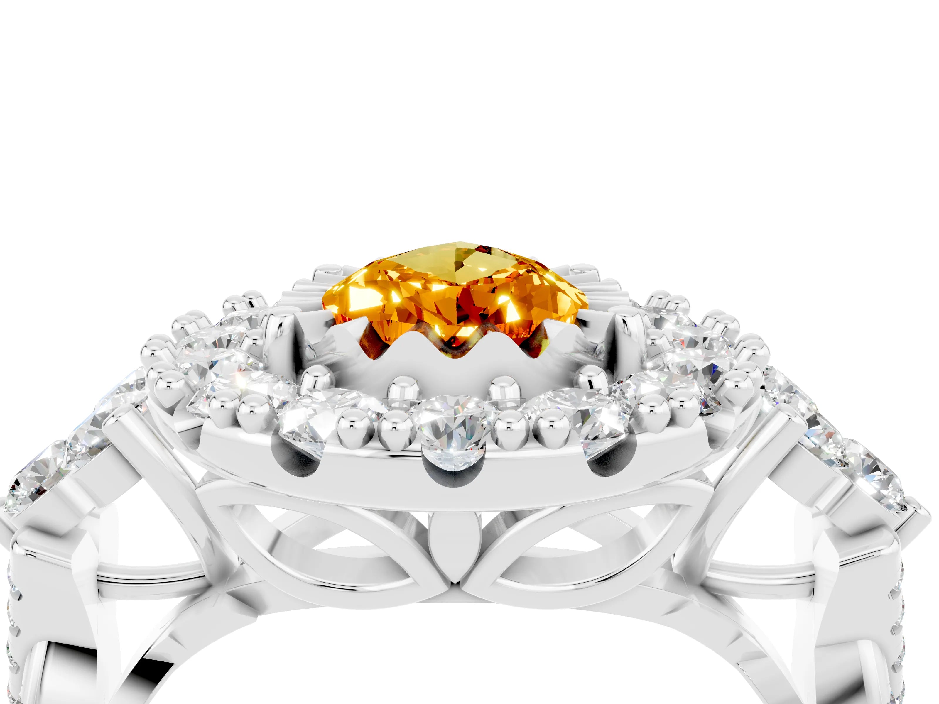 White gold Pear Cut Citrine Halo Ring with Pavé Band and Four-Prong Setting_16