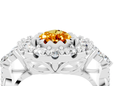 White gold Pear Cut Citrine Halo Ring with Pavé Band and Four-Prong Setting_16