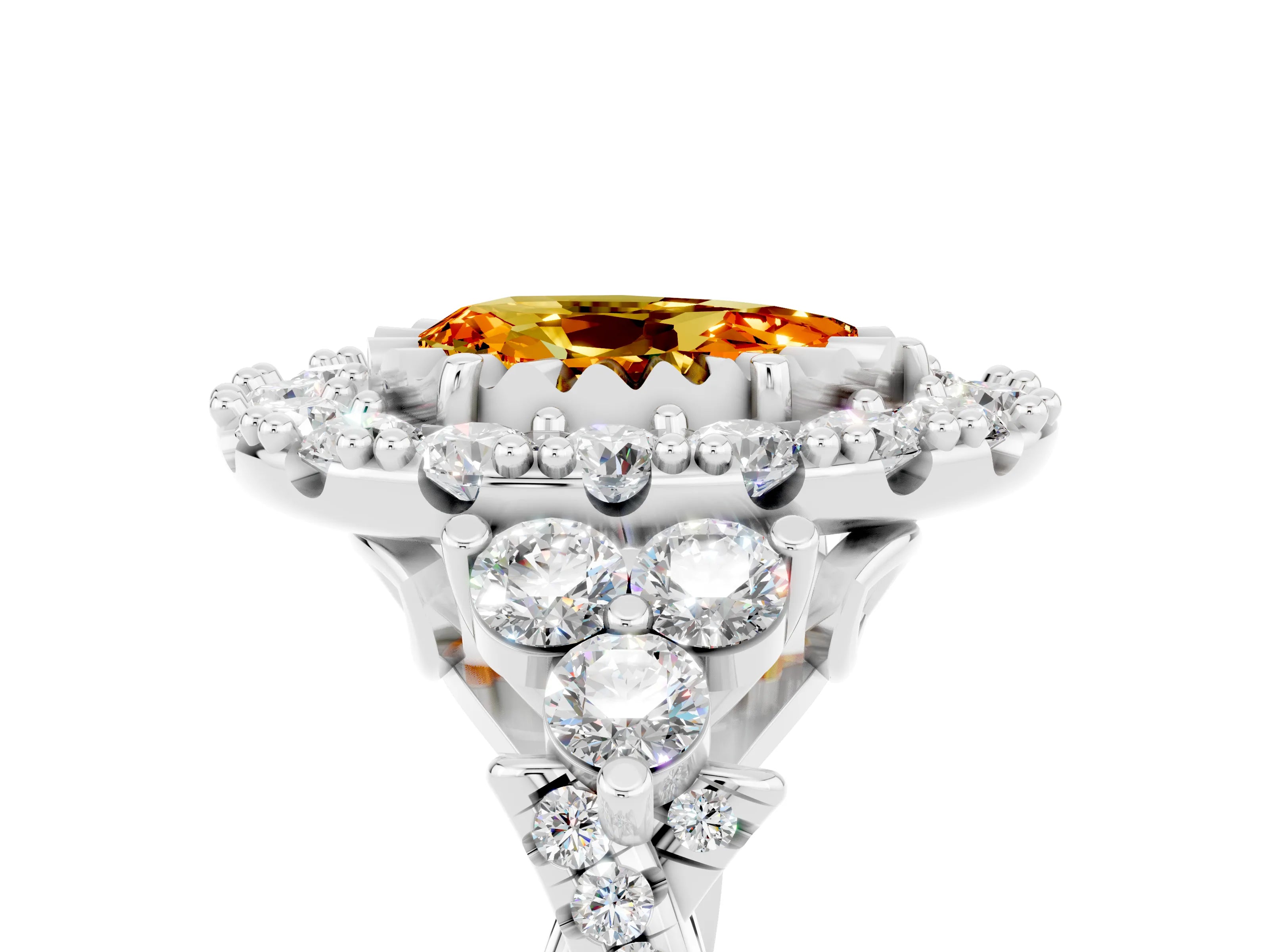 White gold Pear Cut Citrine Halo Ring with Pavé Band and Four-Prong Setting_17
