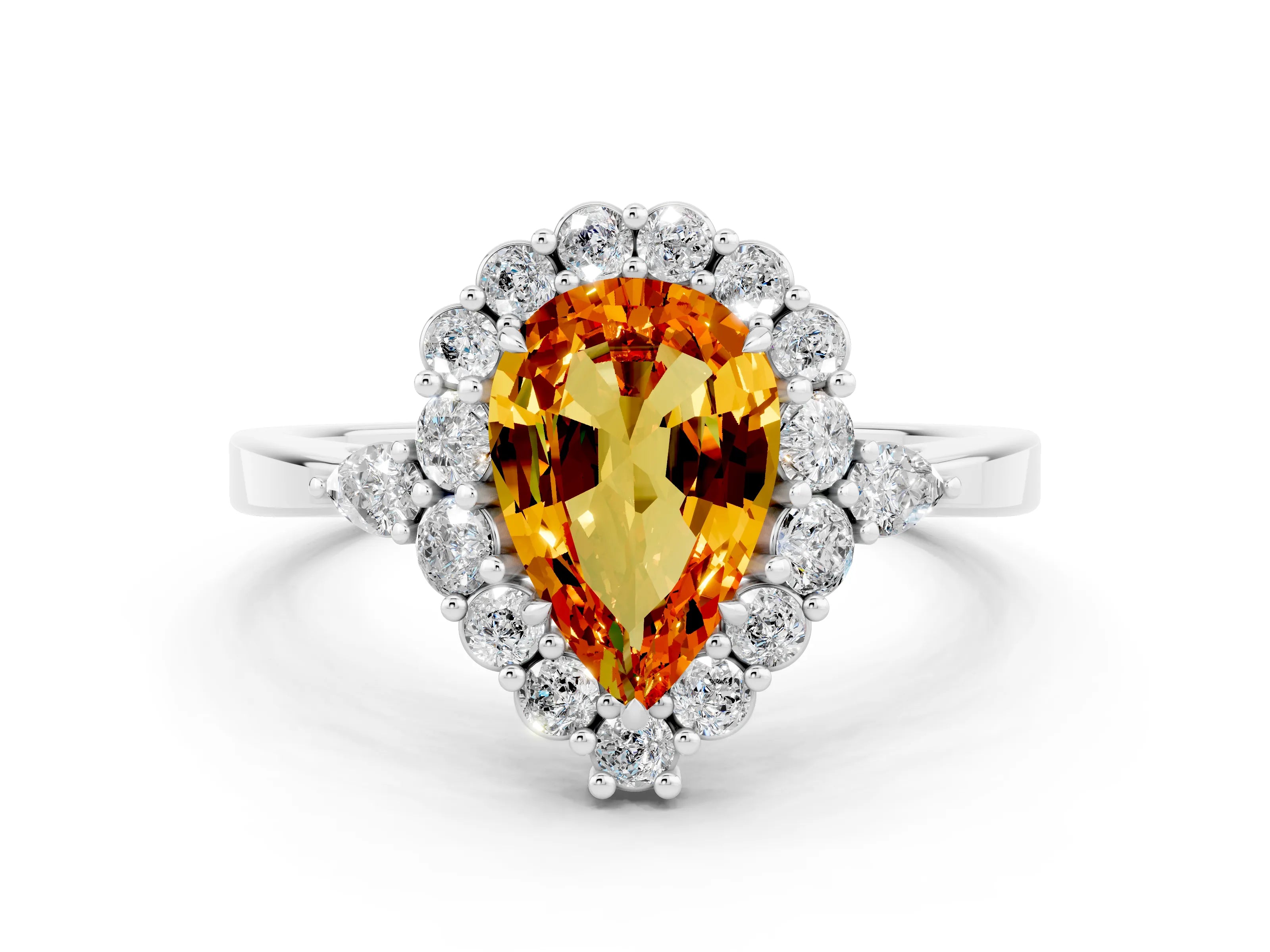 White gold Pear Cut Citrine Halo Ring with Pear Side Stones and Prong Setting_24