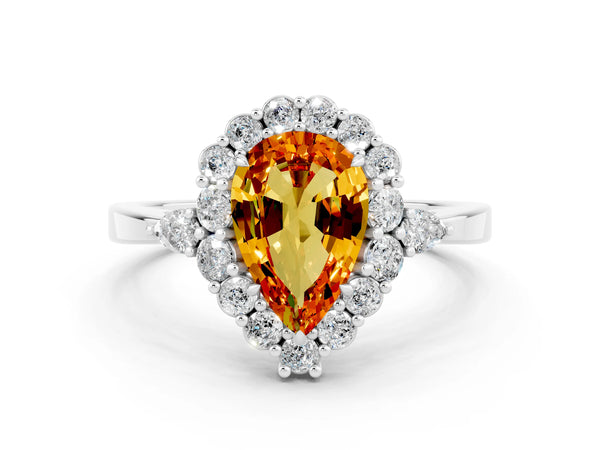Platinum Pear Cut Citrine Halo Ring with Pear Side Stones and Prong Setting
