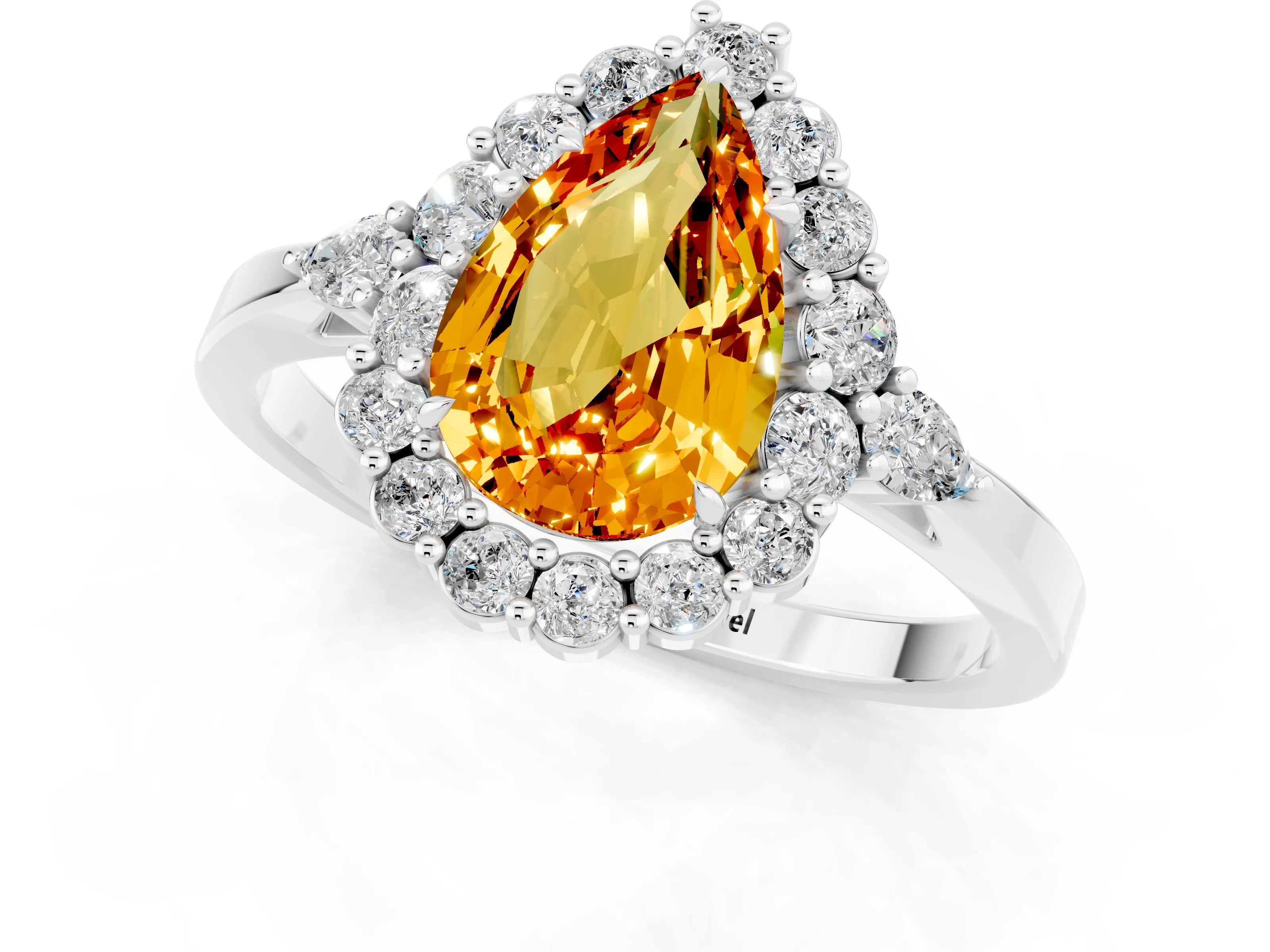 White gold Pear Cut Citrine Halo Ring with Pear Side Stones and Prong Setting_25