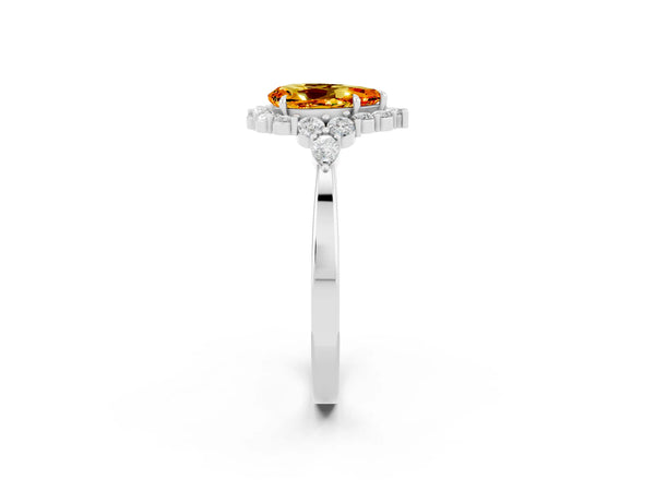 White gold Pear Cut Citrine Halo Ring with Pear Side Stones and Prong Setting