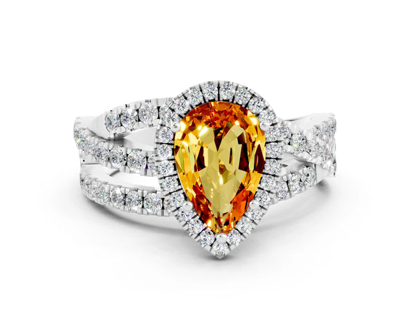 Silver Pear Cut Citrine Halo Ring with Round Split Shank and Prong Setting