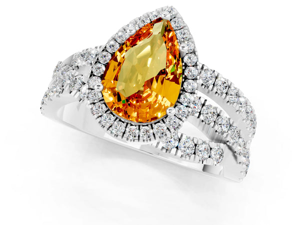 Platinum Pear Cut Citrine Halo Ring with Round Split Shank and Prong Setting