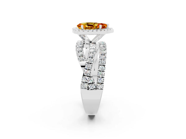 Silver Pear Cut Citrine Halo Ring with Round Split Shank and Prong Setting