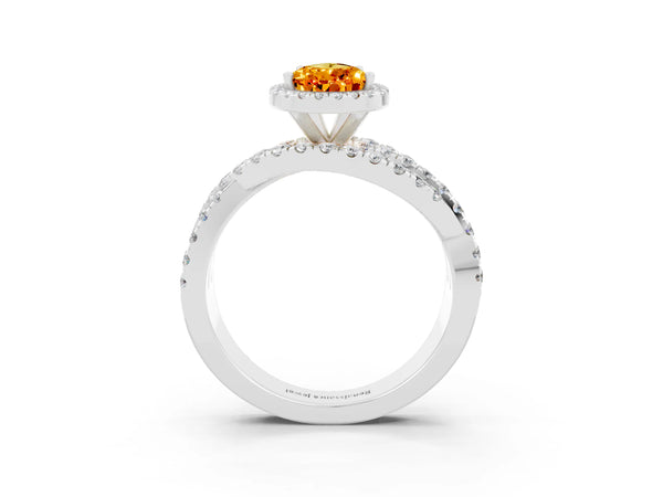Silver Pear Cut Citrine Halo Ring with Round Split Shank and Prong Setting