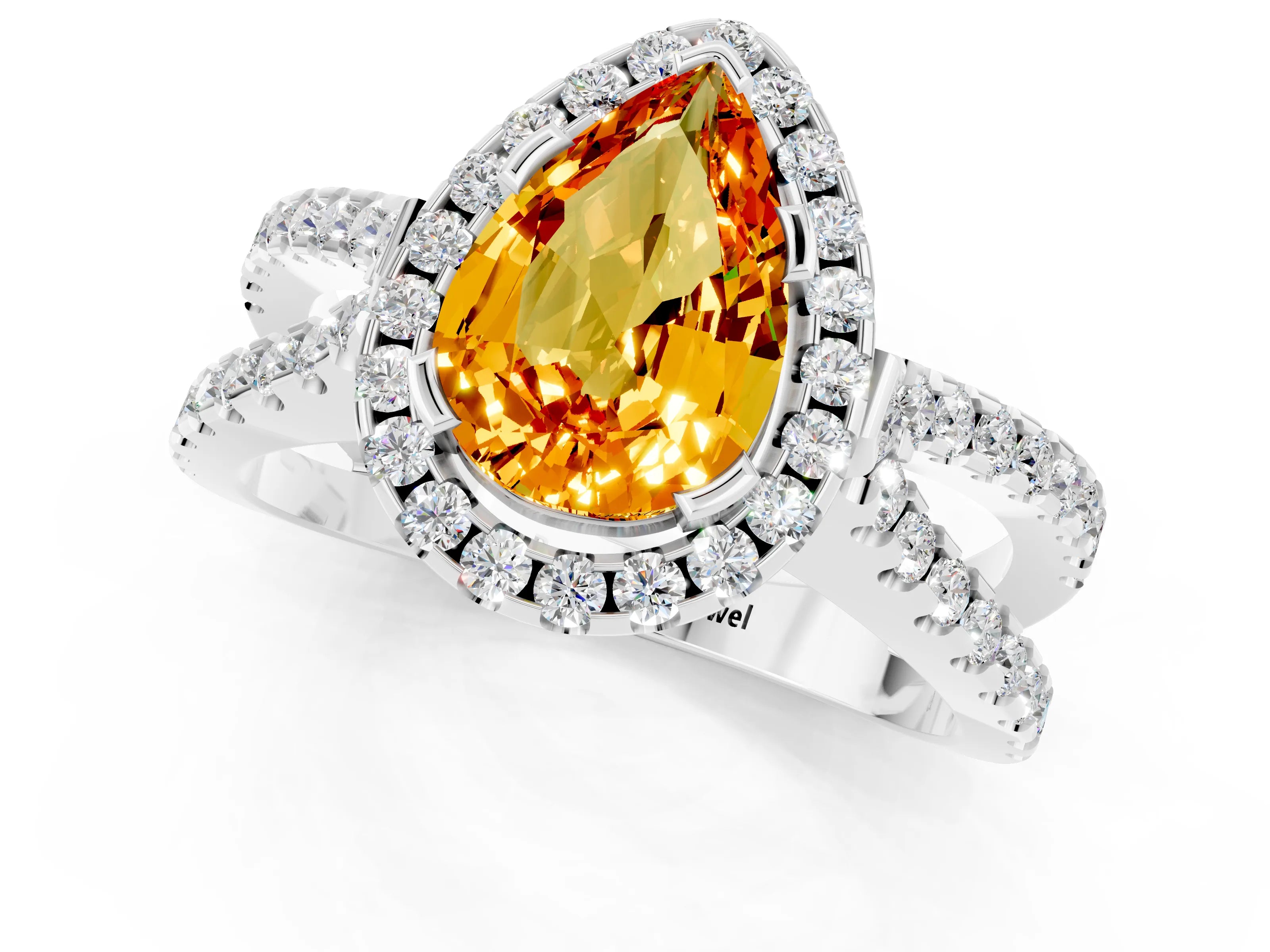 White gold Pear Cut Citrine Halo Ring with Split Shank Pavé Band and Prong Setting_1