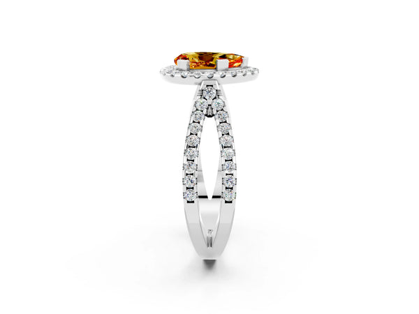 Platinum Pear Cut Citrine Halo Ring with Split Shank Pavé Band and Prong Setting