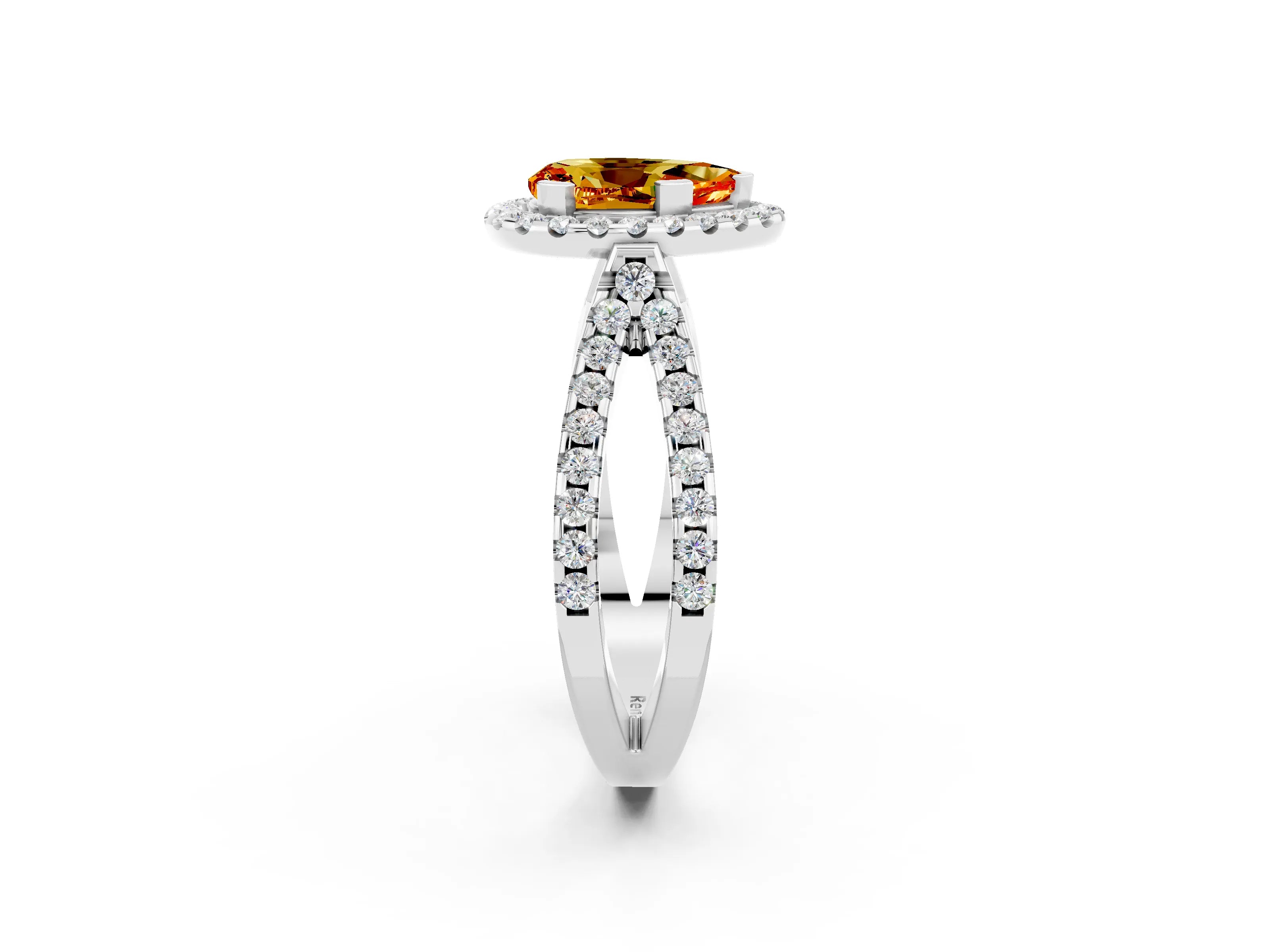 White gold Pear Cut Citrine Halo Ring with Split Shank Pavé Band and Prong Setting_2