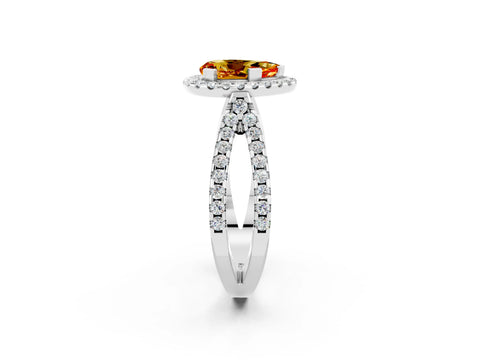 White gold Pear Cut Citrine Halo Ring with Split Shank Pavé Band and Prong Setting_2