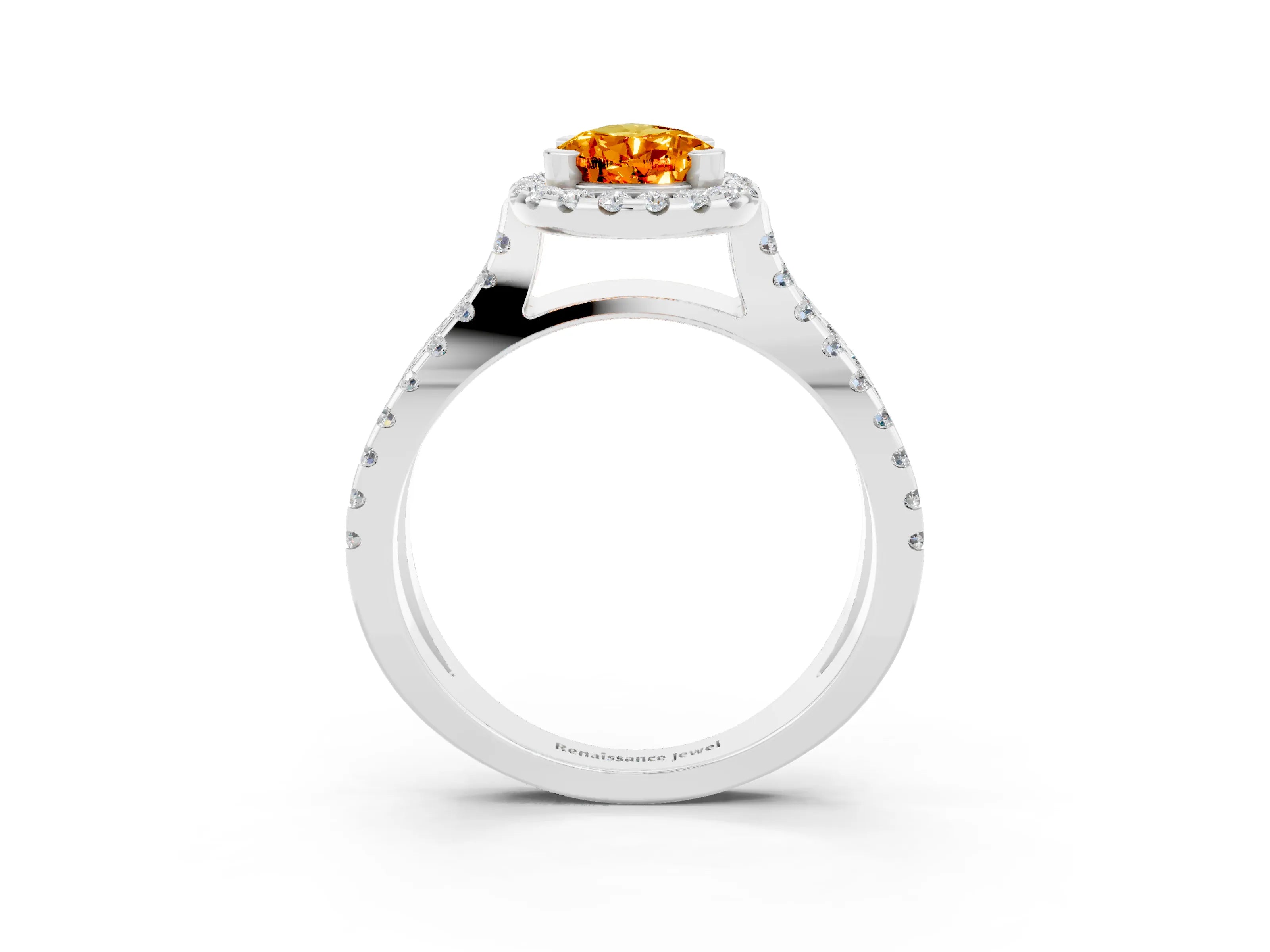 White gold Pear Cut Citrine Halo Ring with Split Shank Pavé Band and Prong Setting_3