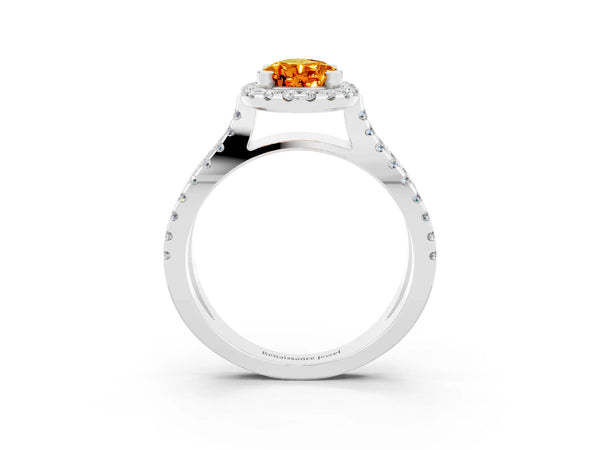 Silver Pear Cut Citrine Halo Ring with Split Shank Pavé Band and Prong Setting