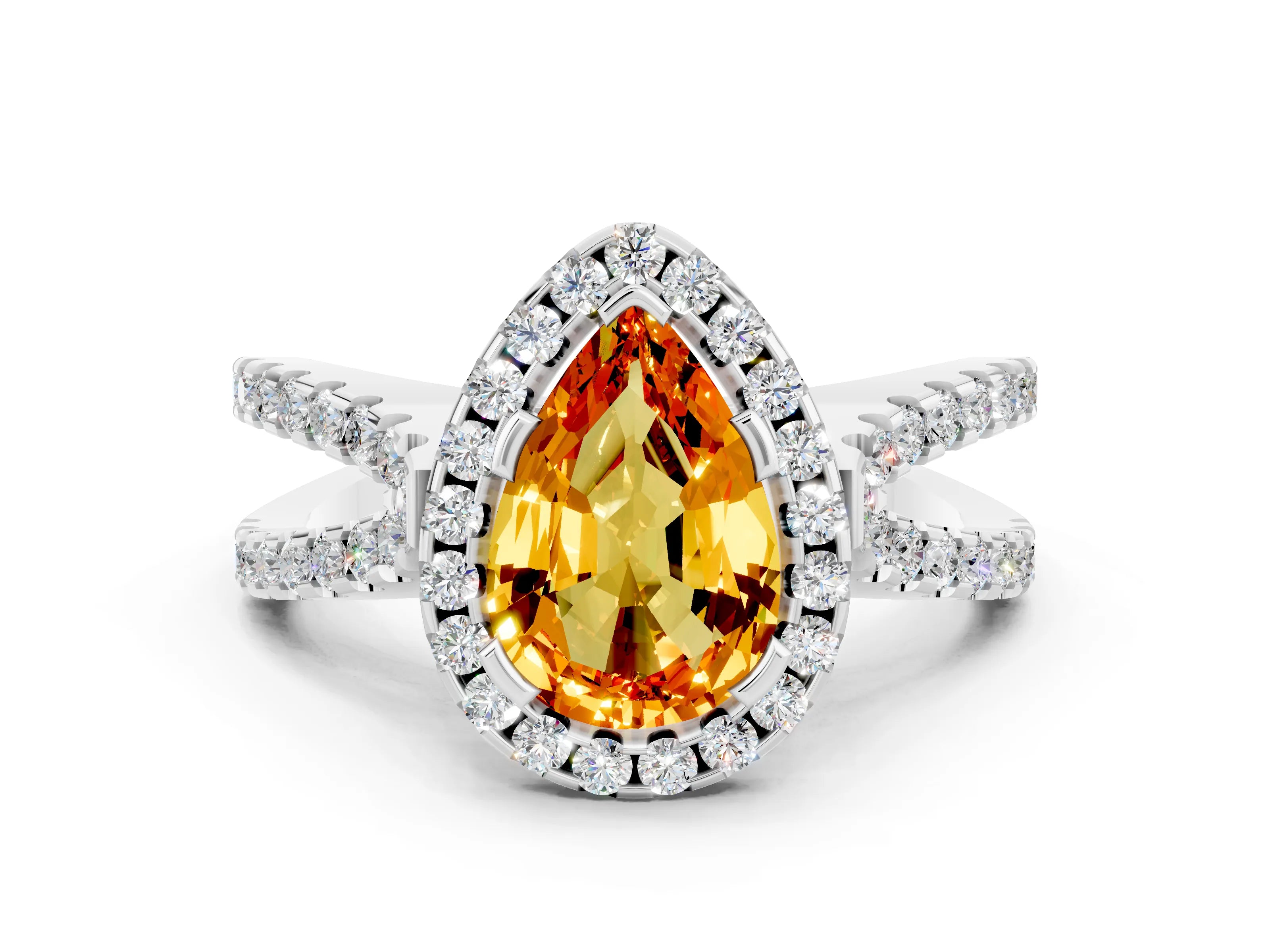 White gold Pear Cut Citrine Halo Ring with Split Shank Pavé Band and Prong Setting