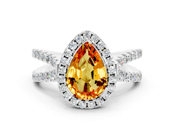 White gold Pear Cut Citrine Halo Ring with Split Shank Pavé Band and Prong Setting