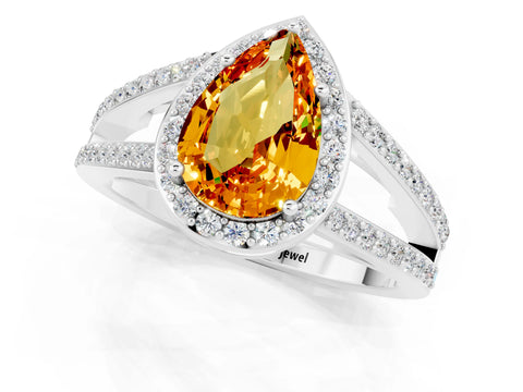 White gold Pear Cut Citrine Halo Ring with Split Shank U-Prong Band and Four-Prong Setting_1