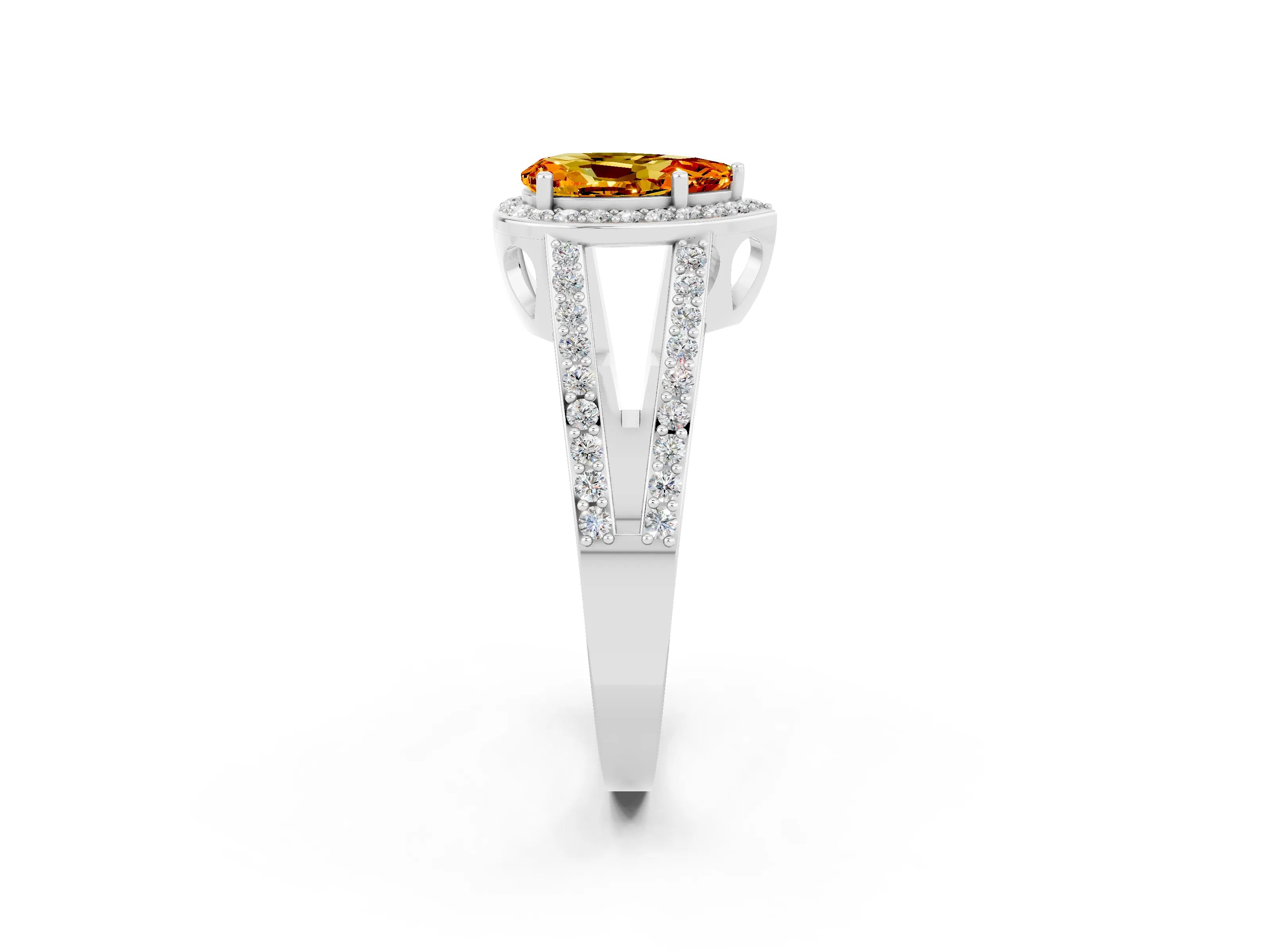 White gold Pear Cut Citrine Halo Ring with Split Shank U-Prong Band and Four-Prong Setting_2