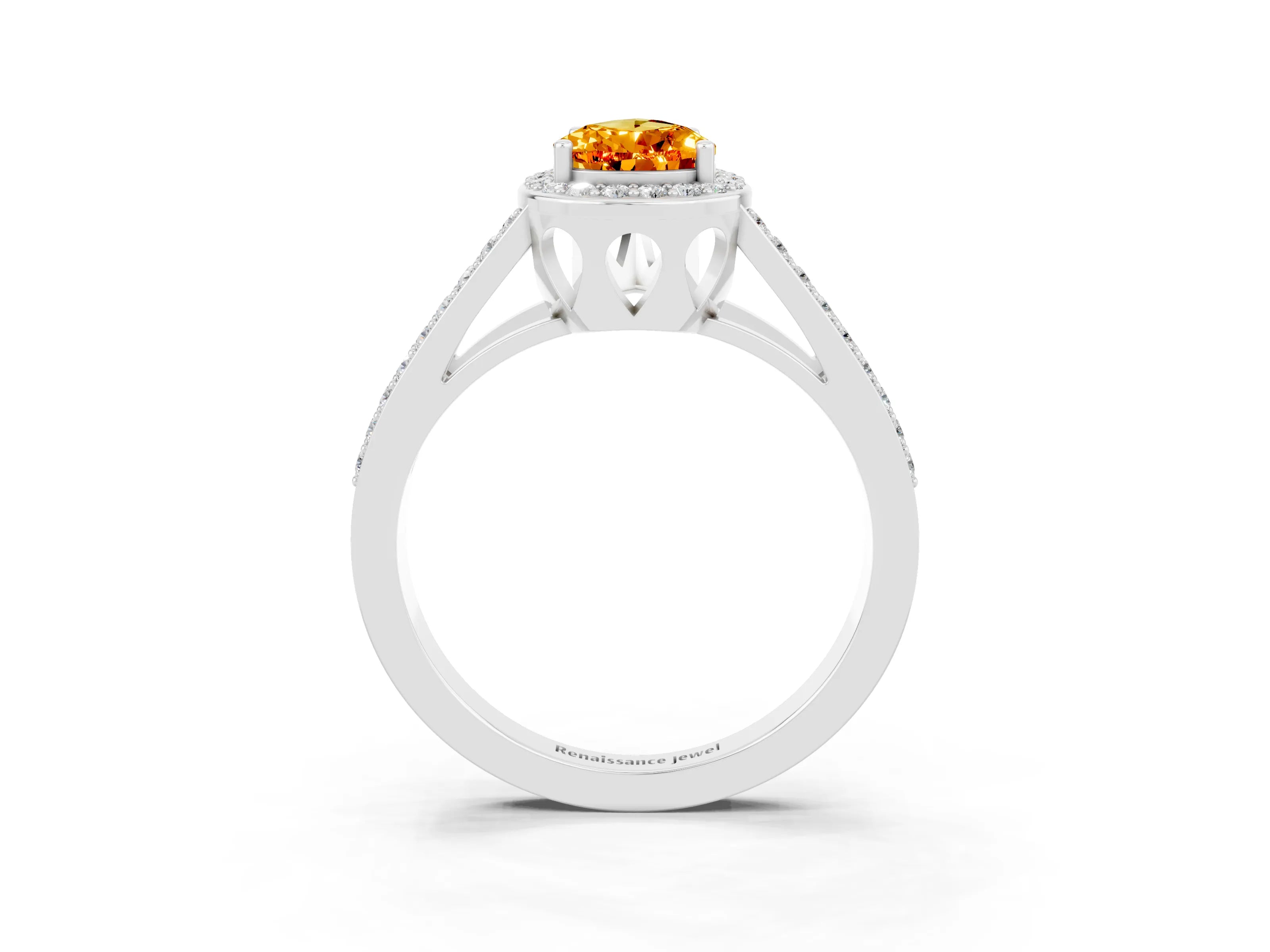White gold Pear Cut Citrine Halo Ring with Split Shank U-Prong Band and Four-Prong Setting_3
