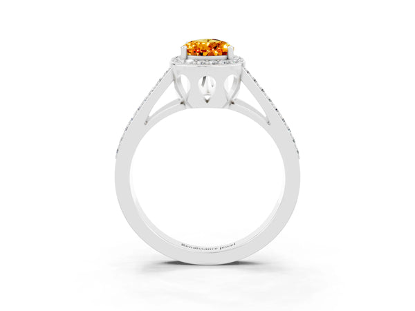 White gold Pear Cut Citrine Halo Ring with Split Shank U-Prong Band and Four-Prong Setting