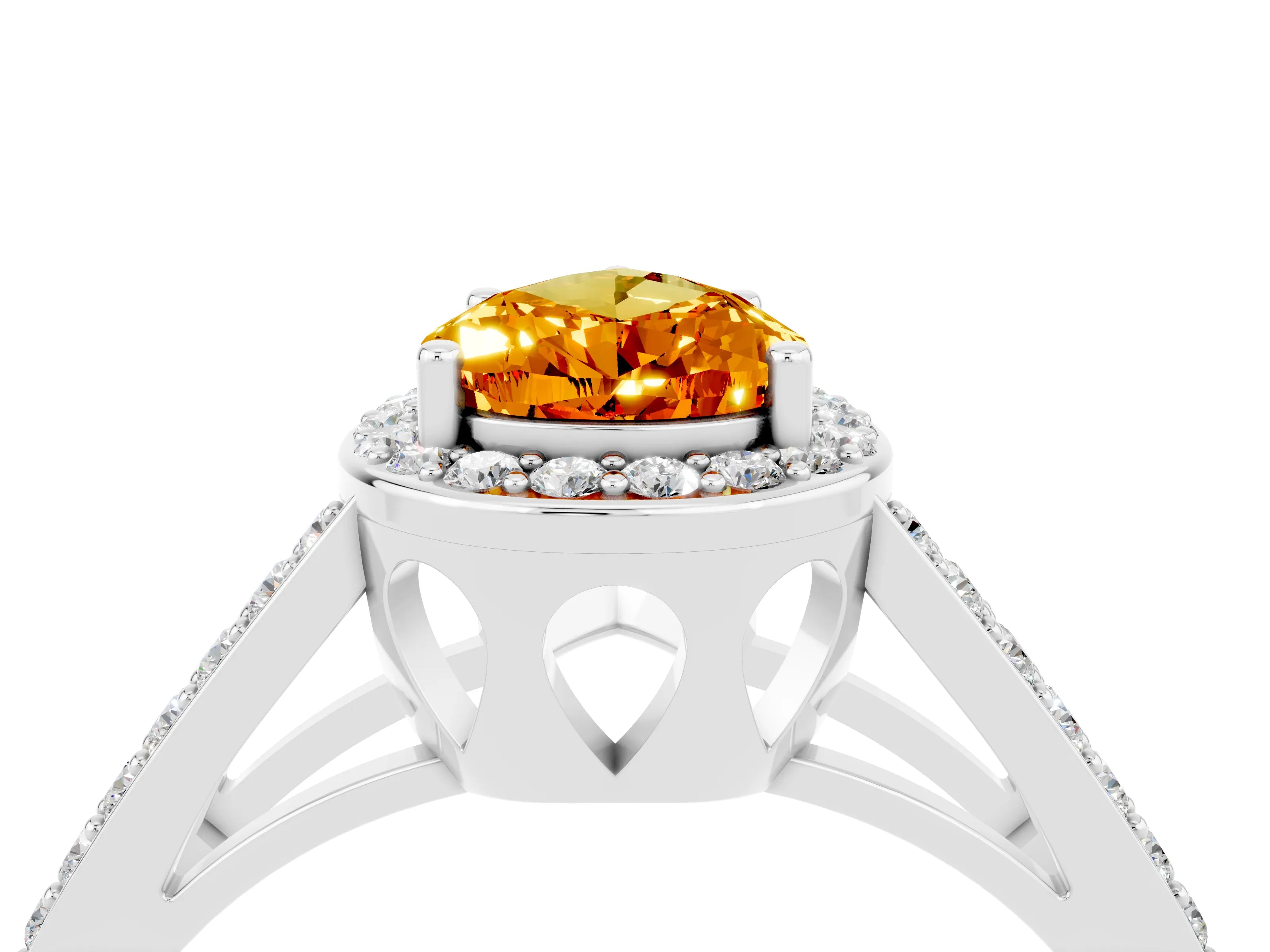 White gold Pear Cut Citrine Halo Ring with Split Shank U-Prong Band and Four-Prong Setting_4