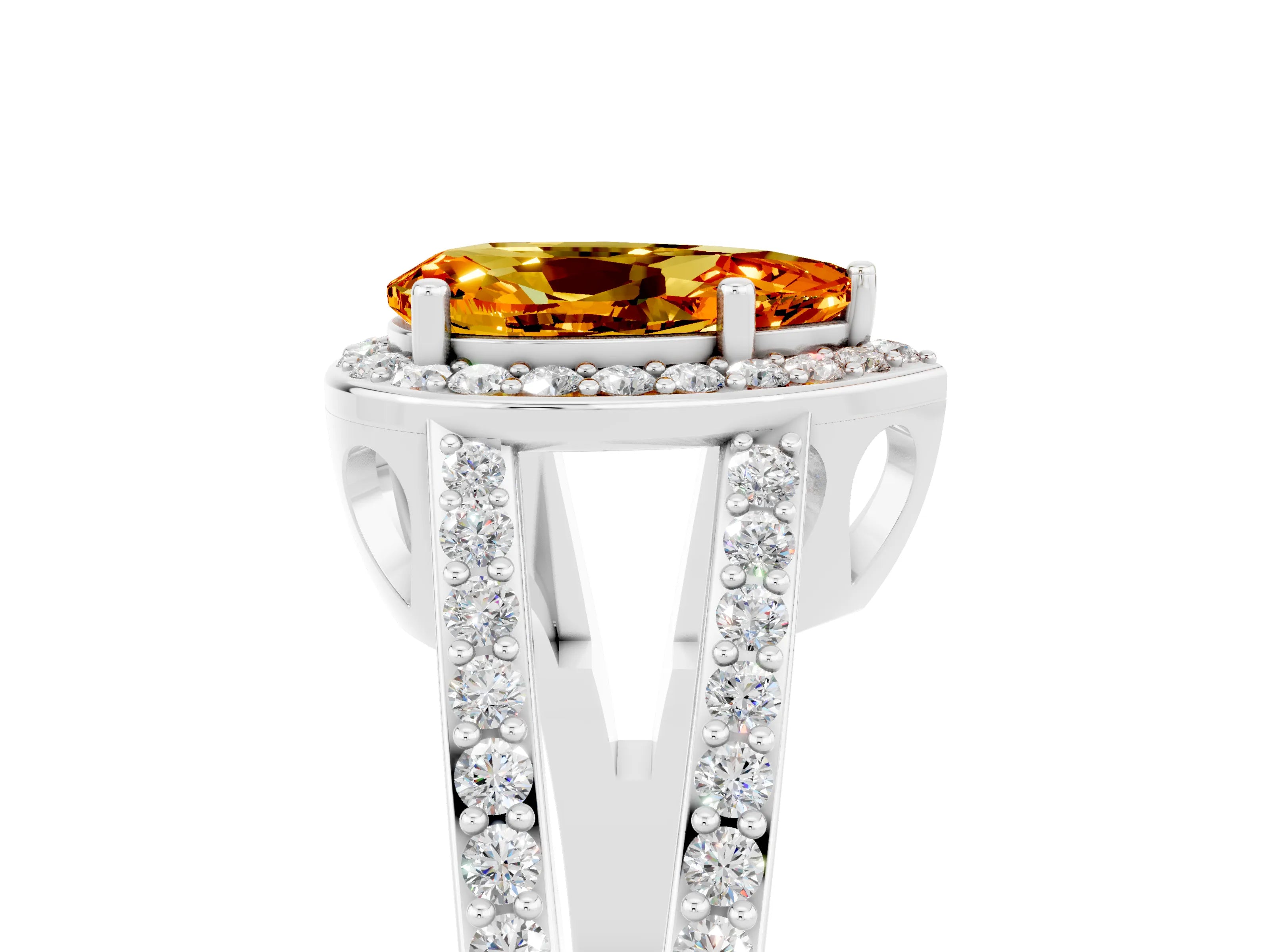 White gold Pear Cut Citrine Halo Ring with Split Shank U-Prong Band and Four-Prong Setting_5