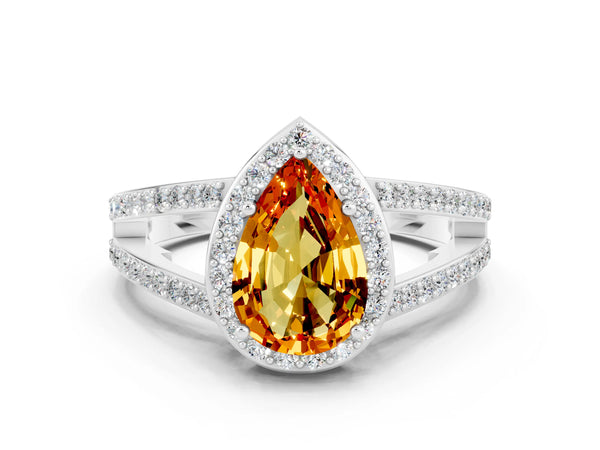 Silver Pear Cut Citrine Halo Ring with Split Shank U-Prong Band and Four-Prong Setting
