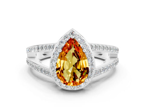 White gold Pear Cut Citrine Halo Ring with Split Shank U-Prong Band and Four-Prong Setting