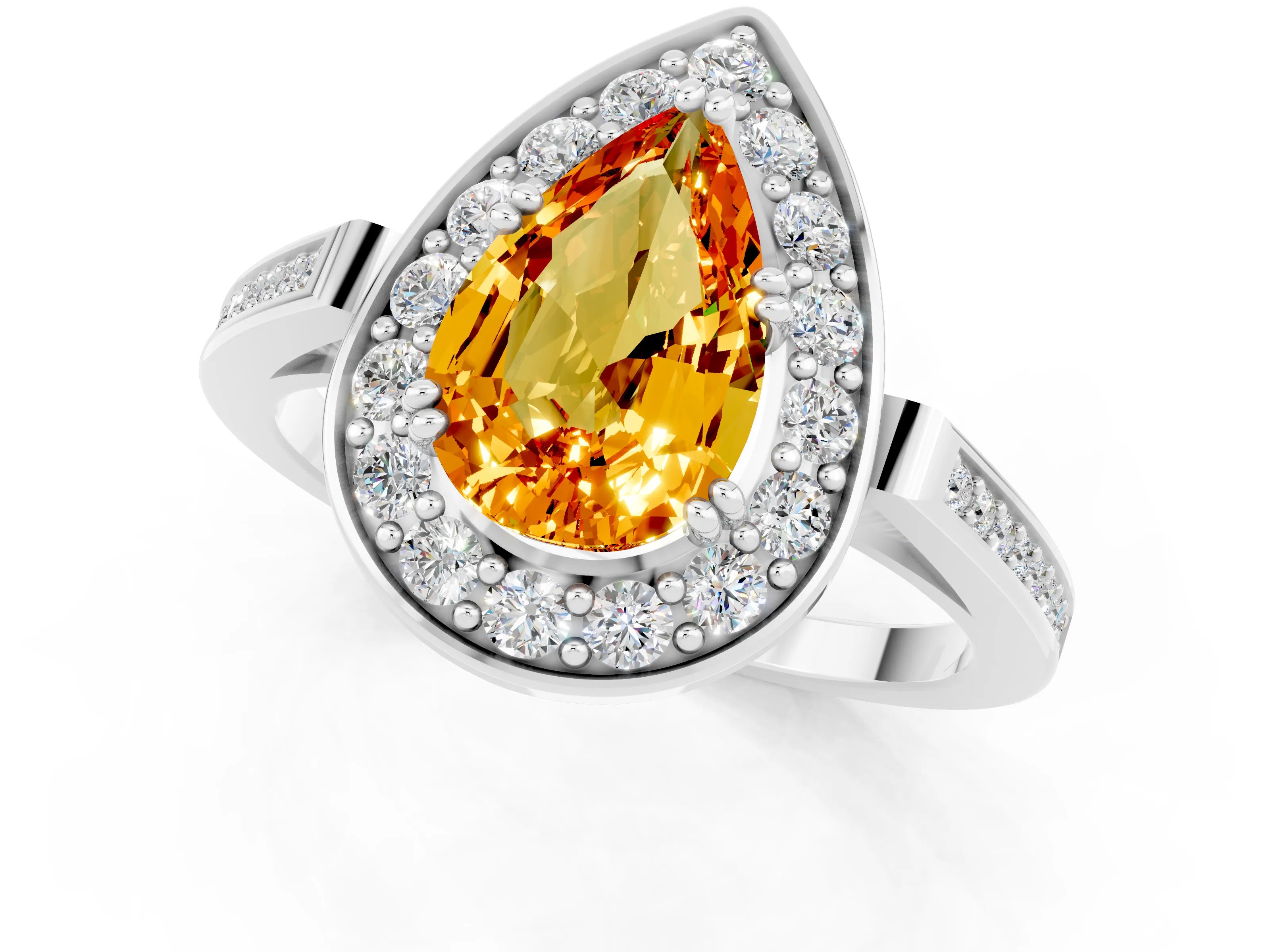White gold Pear Cut Citrine Halo Ring with Split Shank and Four-Prong Setting_1